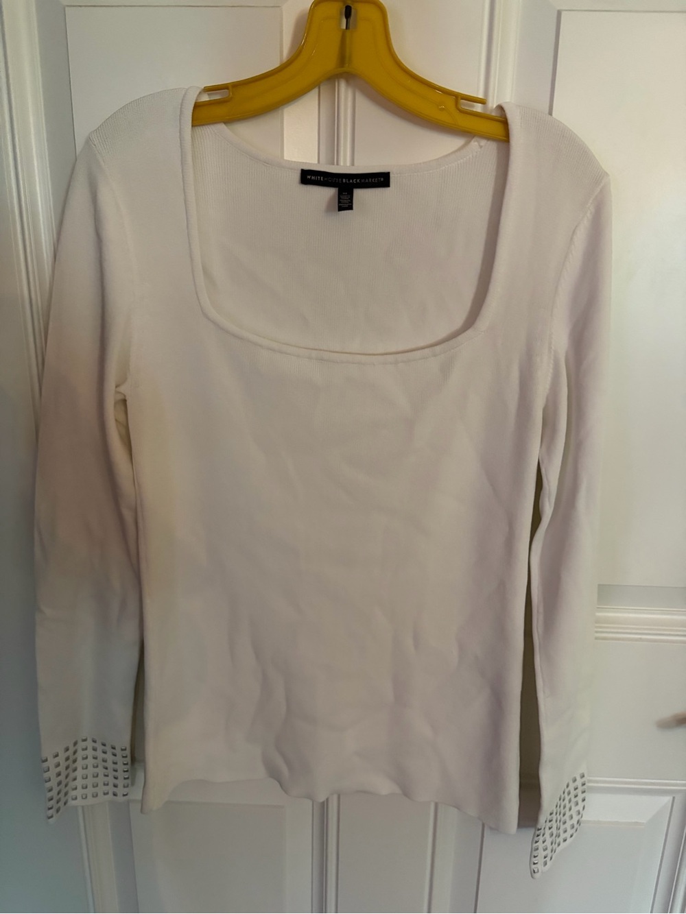 White House Black Market White Square-Neck Long Sleeve Stud Cuff Top